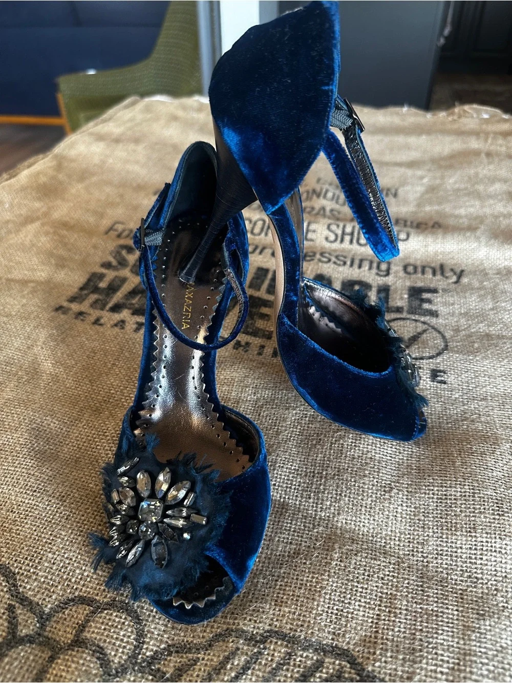 BCBGMaxAzria Royal Blue Velvet Jeweled Peep-Toe Heels